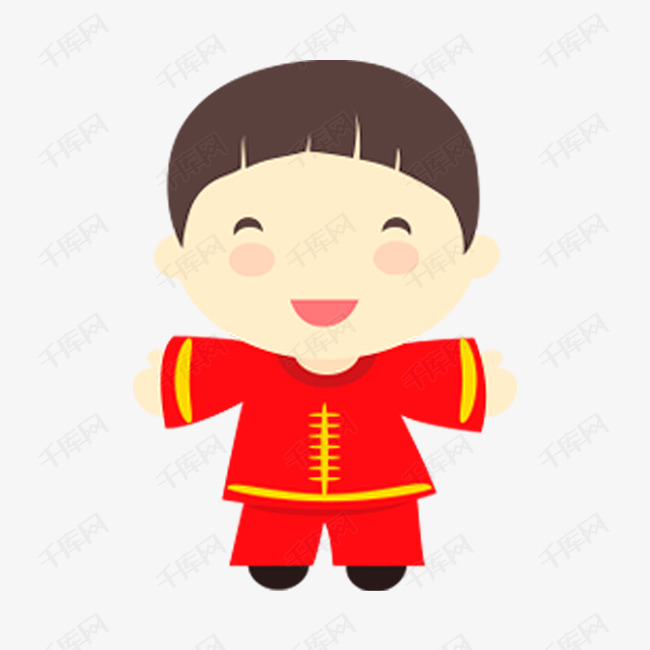 穿着红色中国传统服饰的卡通小朋