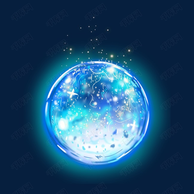 水晶球立体蓝色青色发光梦幻手绘插画psd