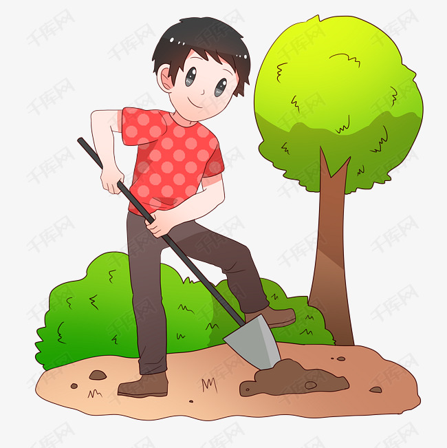 植树节挖坑的男孩