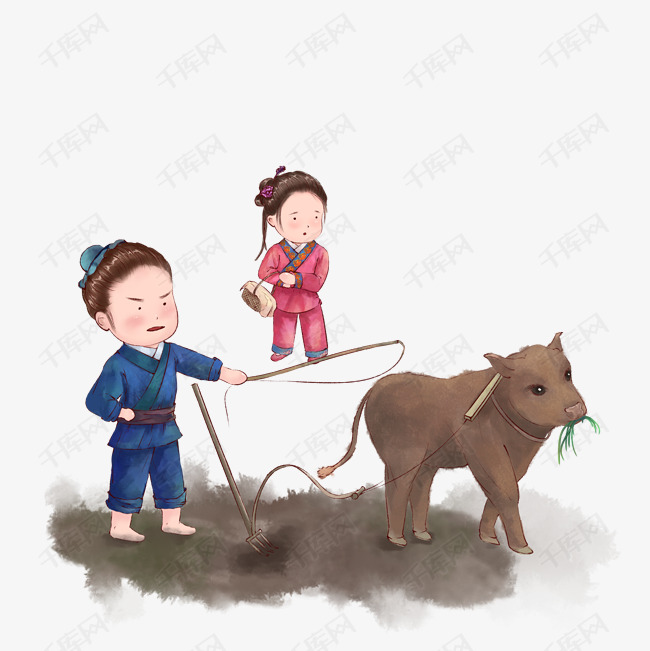 春天手绘古风卡通人物农耕牛耕地送饭到地头场景