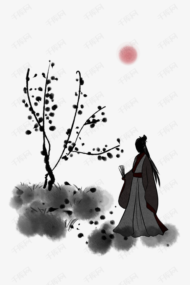 手绘旅行的水墨诗人插画