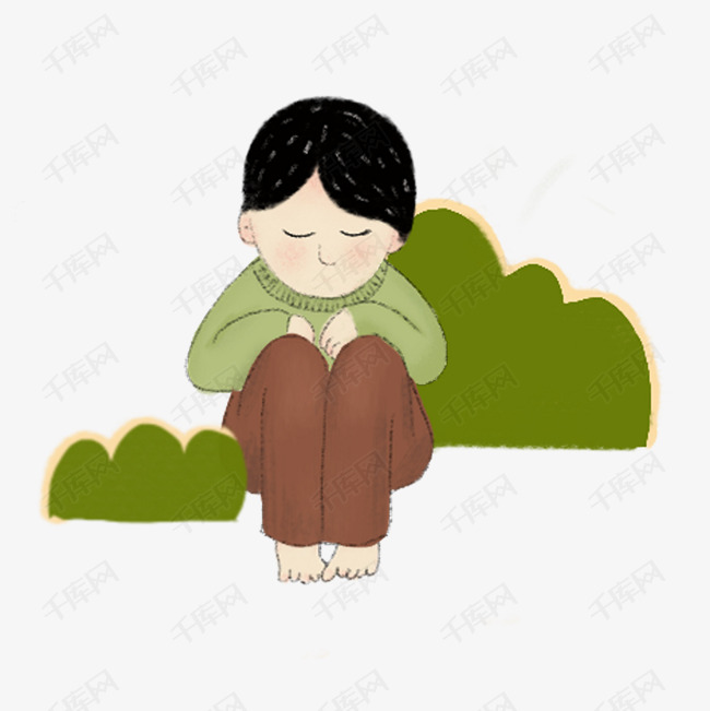 卡通蹲在地上思考的小女孩免抠图