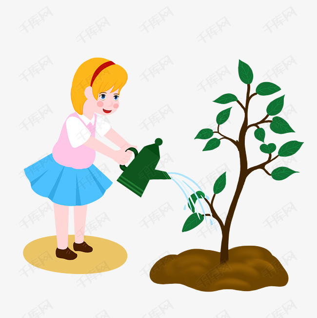 植树节短发女孩给树浇水手绘人物png
