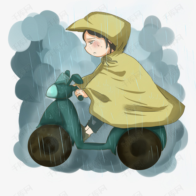雨水卡通男孩下雨骑车阴天矢量图