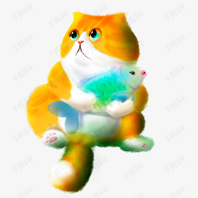 可爱的小猫咪抱着鱼