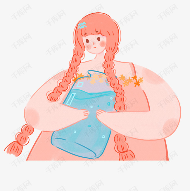 可爱卡通简笔画  卡通可爱背景  微笑的小女孩  抱着热水袋