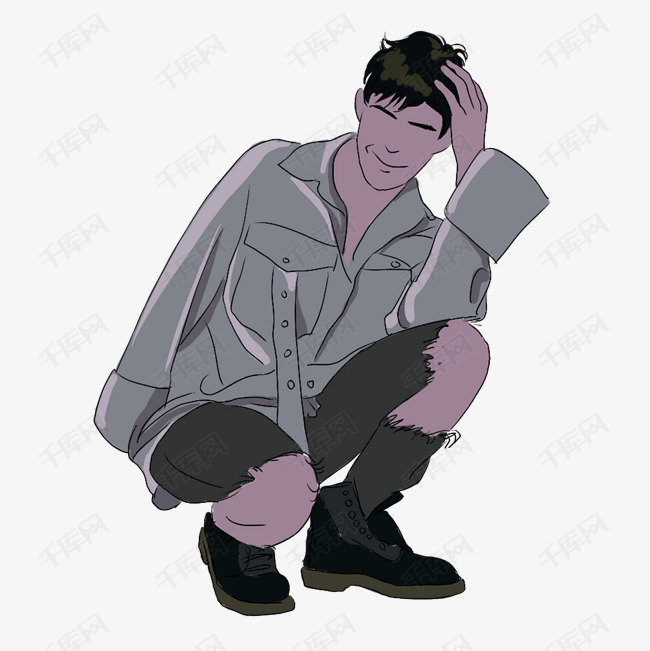 蹲在地上摸脑袋的男人免扣图