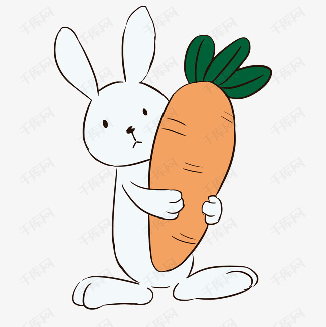 白色手绘抱着萝卜的小兔子元素
