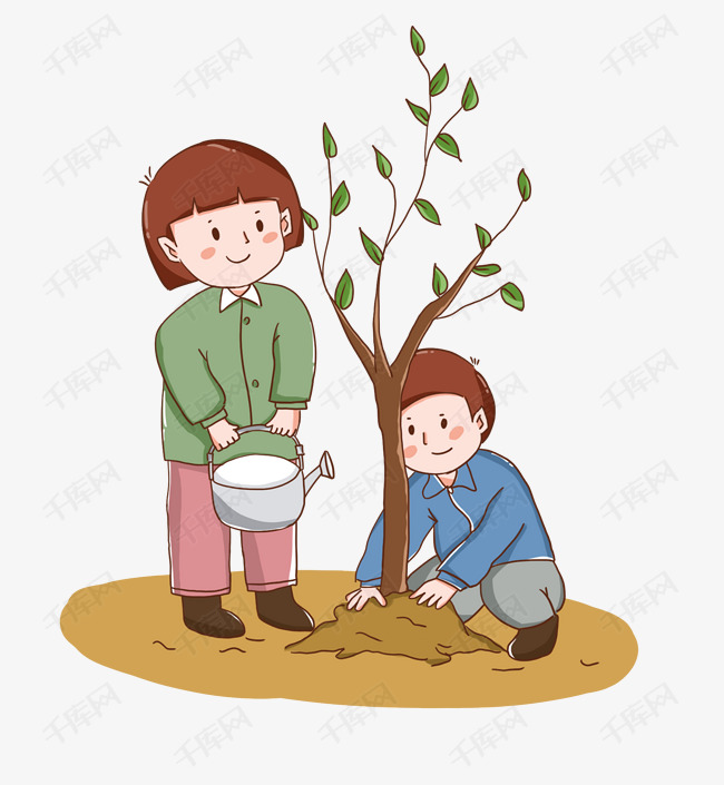 卡通手绘男孩和女孩植树节辛勤育树