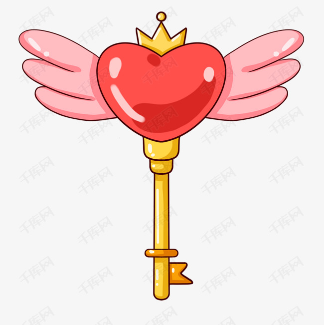 免抠情人节小物插画漂亮的爱心粉色的翅膀黄色的爱心卡通钥匙手绘钥匙