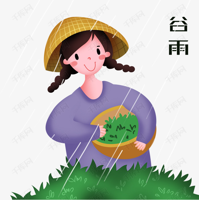谷雨人物和茶叶插画