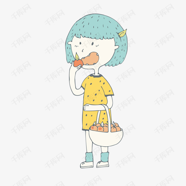 卡通提着一篮果子在吃果子的小女孩