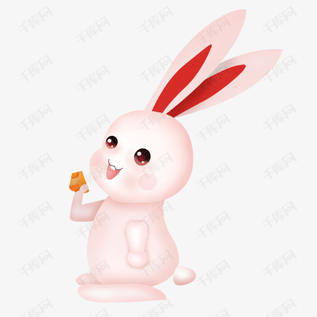 拿着月饼尝鲜的可爱粉色兔子