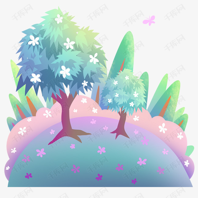 手绘春季树林插画的素材免抠漂亮的树林茂密的树林卡通插画手绘插画