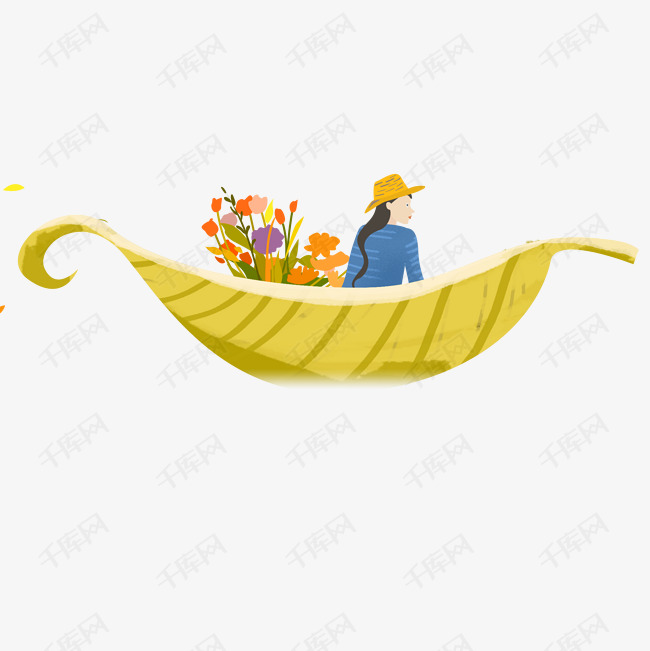免抠坐着黄色小船去采花的女人免抠图菜花的女人黄色的小船卡通女人