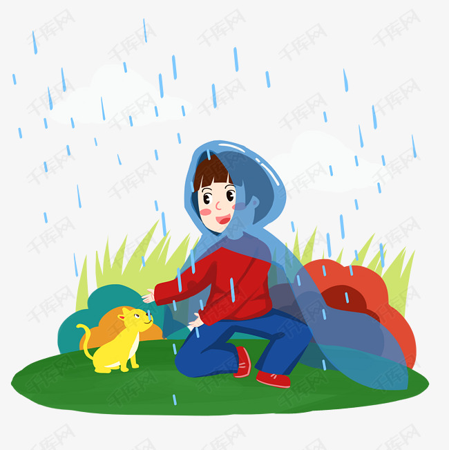 雨衣男孩雨中帮助小猫手绘人物