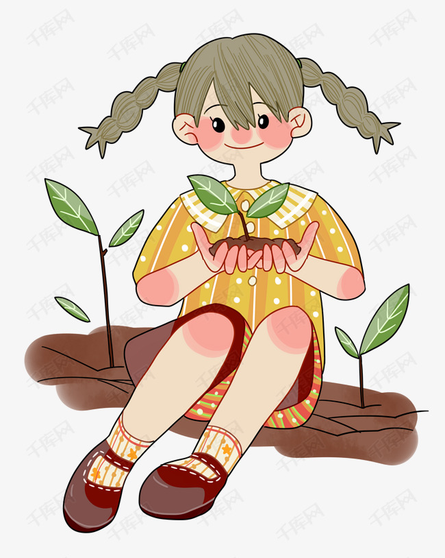 植树节拿树苗的小女孩