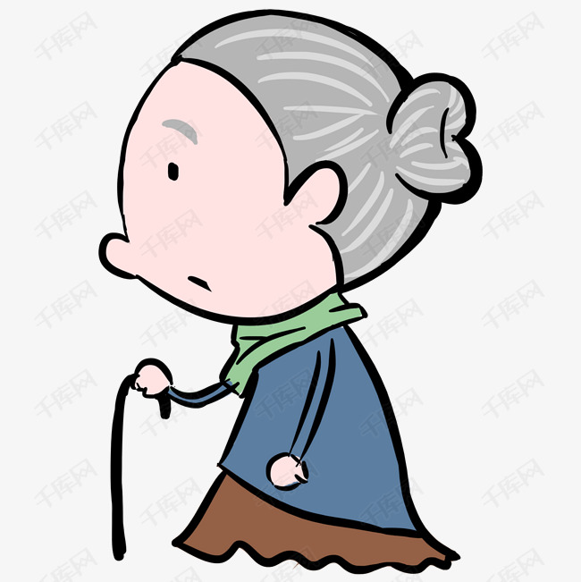 灰色手绘可爱老奶奶元素的素材免抠卡通插画创意围巾手拿手绘拐杖
