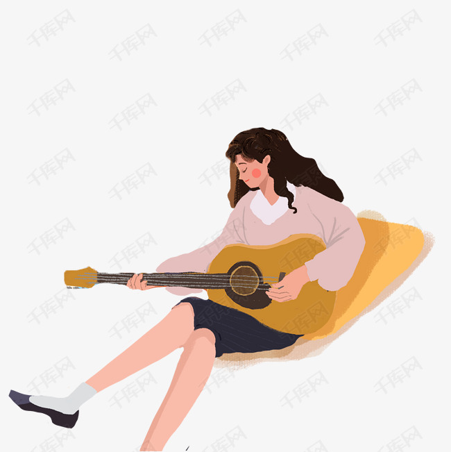 弹吉他手绘小女孩