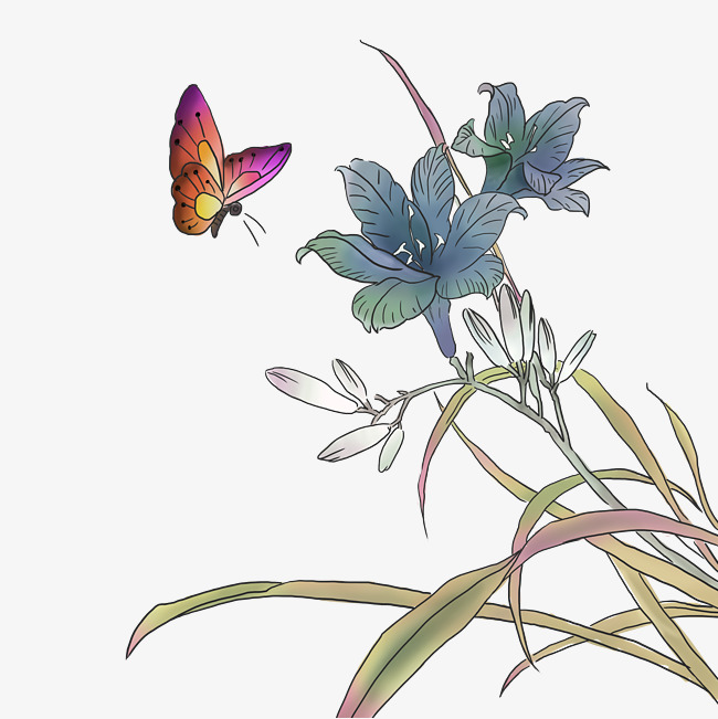 中国水墨蝶恋花国画工笔花鸟png鸢尾花蝴蝶的素材免抠