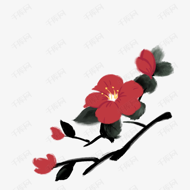 水墨红花手绘插画