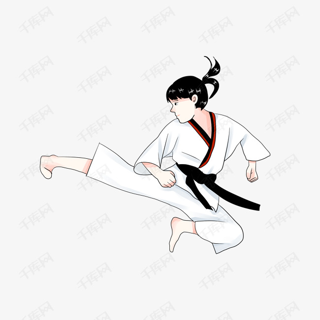 跆拳道小女孩踢腿手绘卡通动漫人物培训班