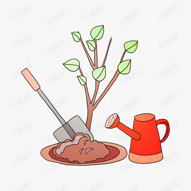 手绘植树铲土插画