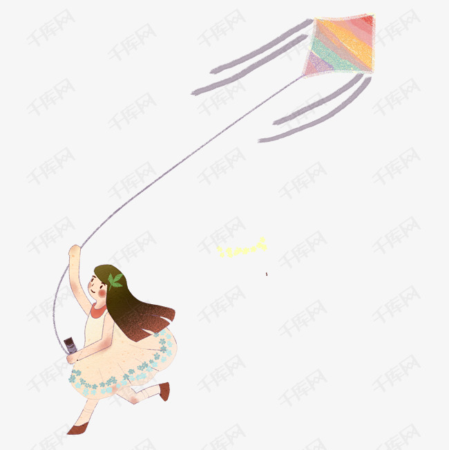 卡通小女孩放风筝免抠图