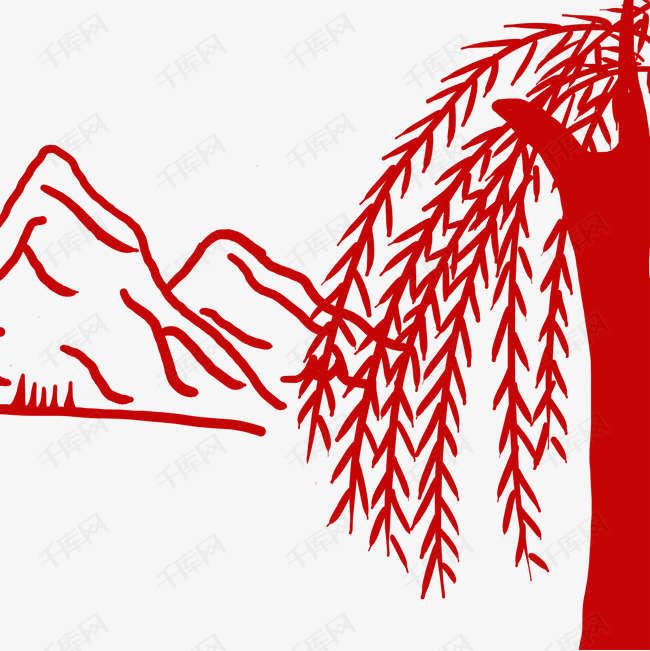 剪纸窗花边框  红色立体背景  红色花纹边框  红色山水