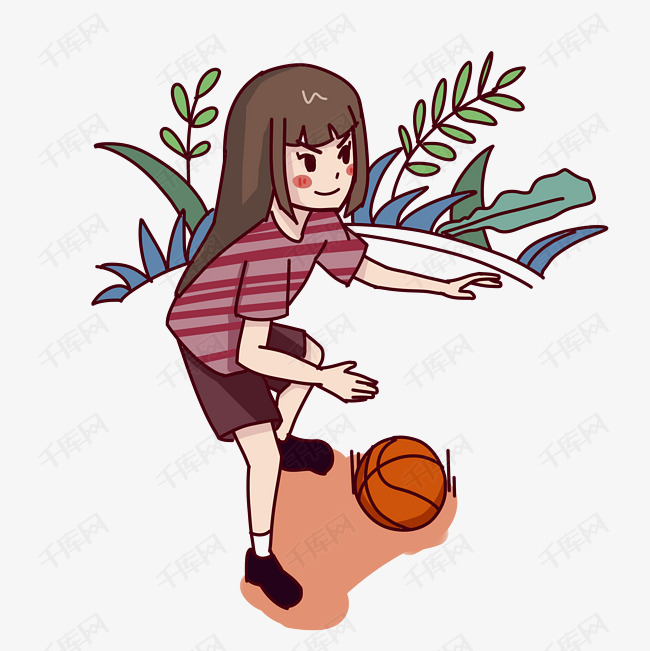 运动健身的女孩打球的女孩手绘插画