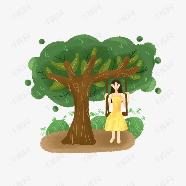 植树节在树下荡秋千的小女孩可爱插画