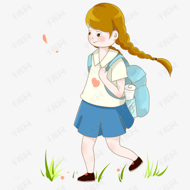 开学季背着书包上学的清新小女孩png素材