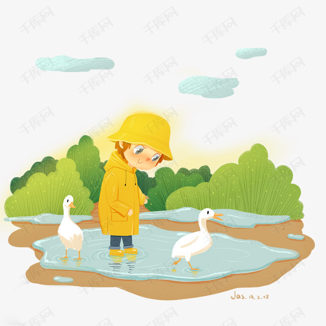 童趣穿黄色雨衣小朋友和小鸭子