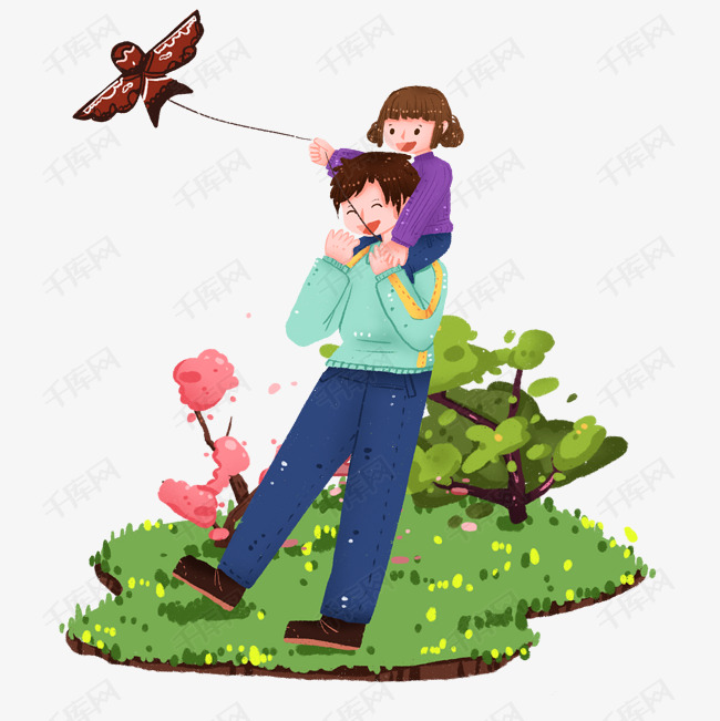 放风筝父女春季温馨场景免抠元素
