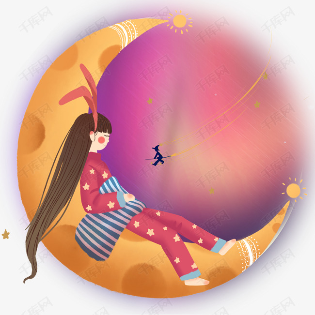 卡通手绘在月亮上睡觉的长发女孩