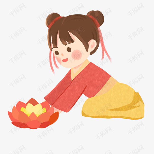 卡通放荷花灯的小女孩免扣图