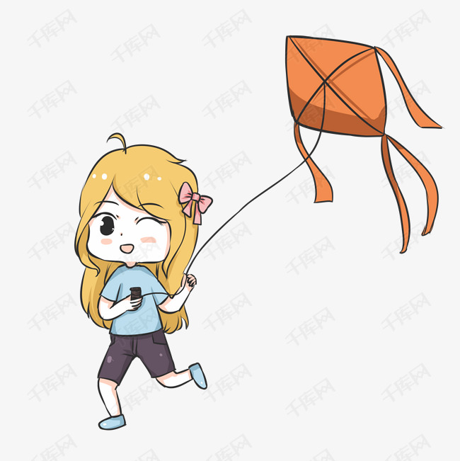奔跑中的放风筝的小女孩