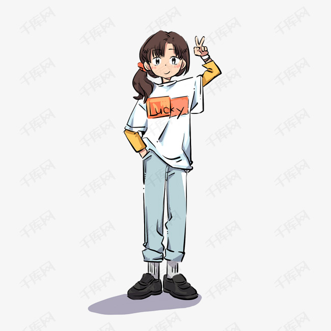 创意卡通手绘插图简约清新小女孩剪刀手psd源文件