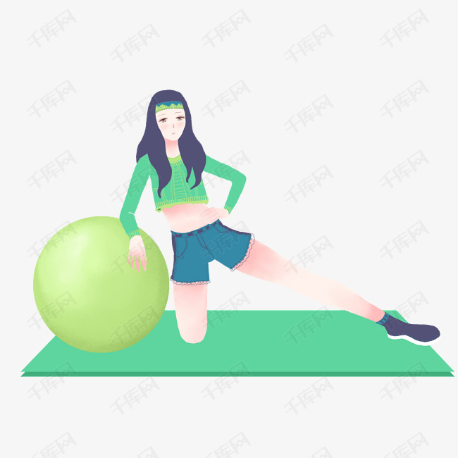 卡通瑜伽球和女孩插画