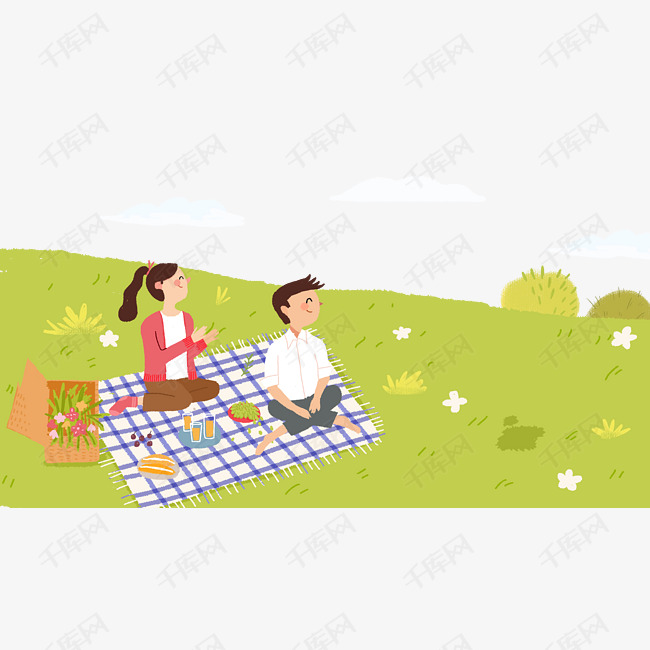 手绘卡通坐在草地上野炊的男孩女孩元素