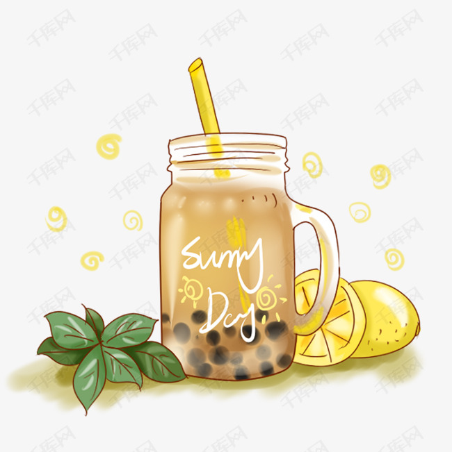 珍珠柠檬奶茶小清新玻璃杯png