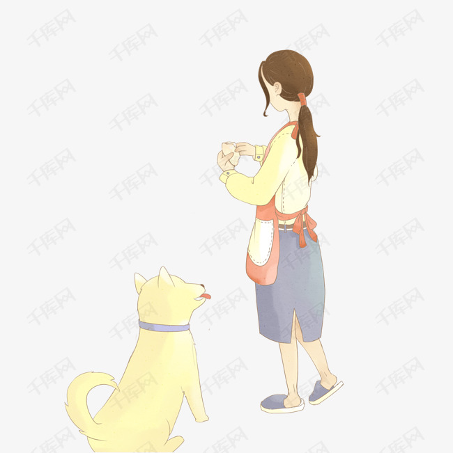 可爱的狗狗和女孩子在厨房忙碌