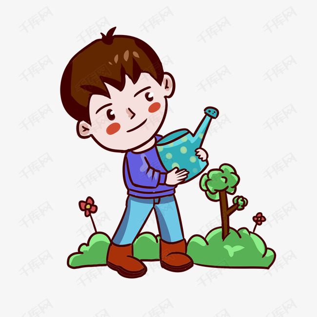 植树节给树浇水的男孩手绘插画