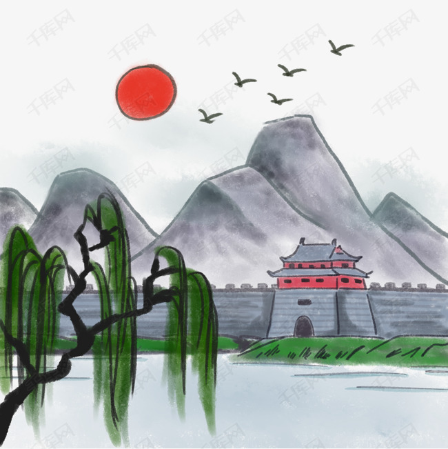中国风山水山脉水墨画水彩画手绘城池