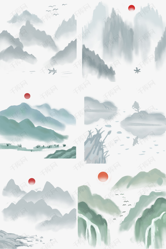 中国风水墨风格古风古典山水矢量图