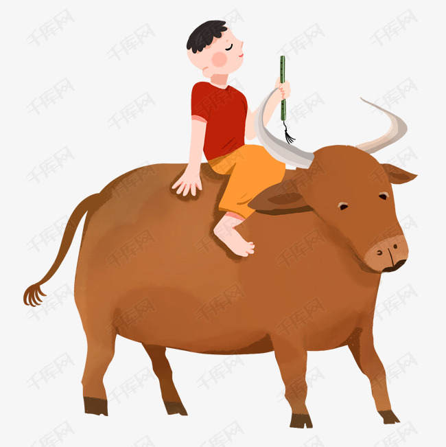 卡通手绘放牛的可爱男孩
