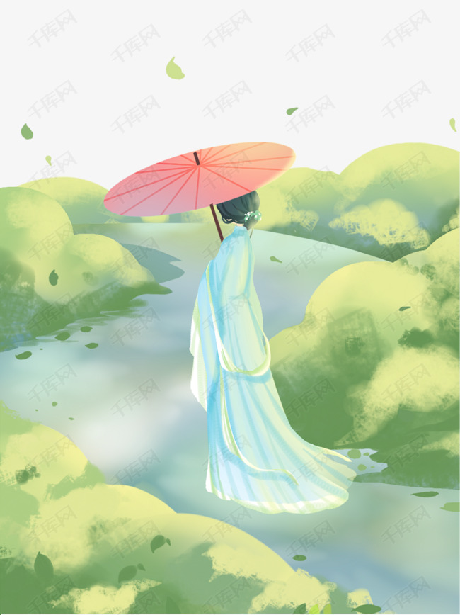 手绘卡通打伞的女人背影中国风林间小路免扣元素