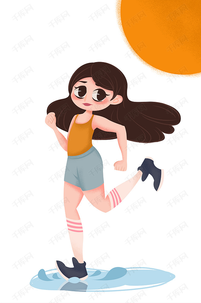 手绘在太阳下踩水坑的女孩元素