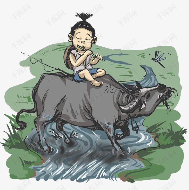 水墨中国风吹笛子的牧童
