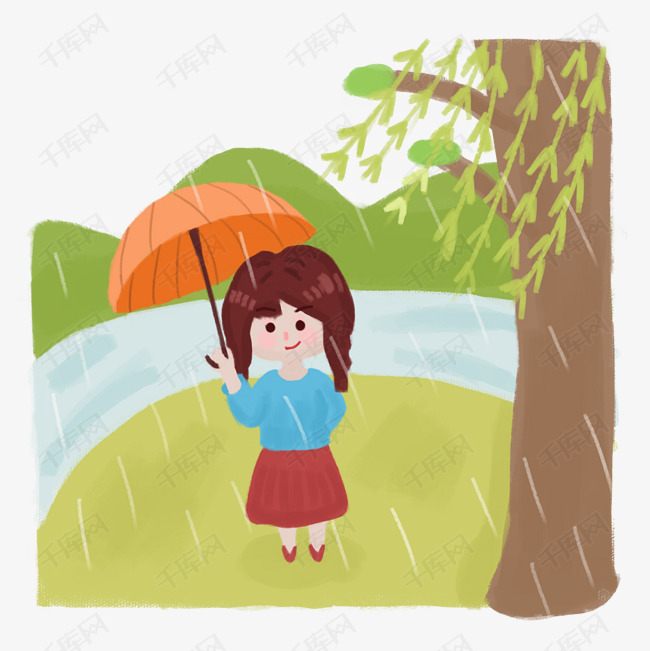 清明打伞的女孩在树林里漫步